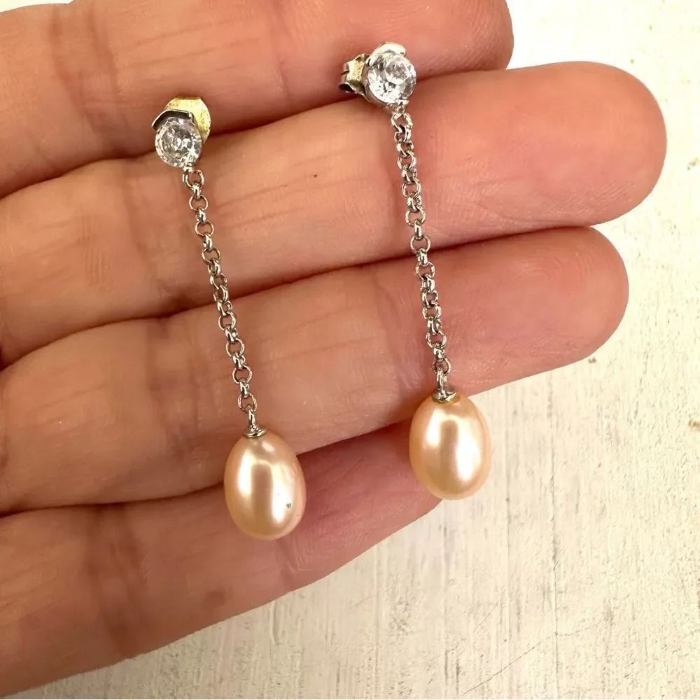 Silver tone faux pearl and rhinestone drop post earrings